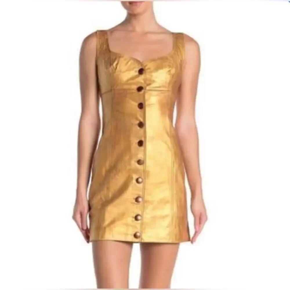 Free People Womens Goldie Metallic Leather Sweetheart Neckline Dress Size 2 Gold